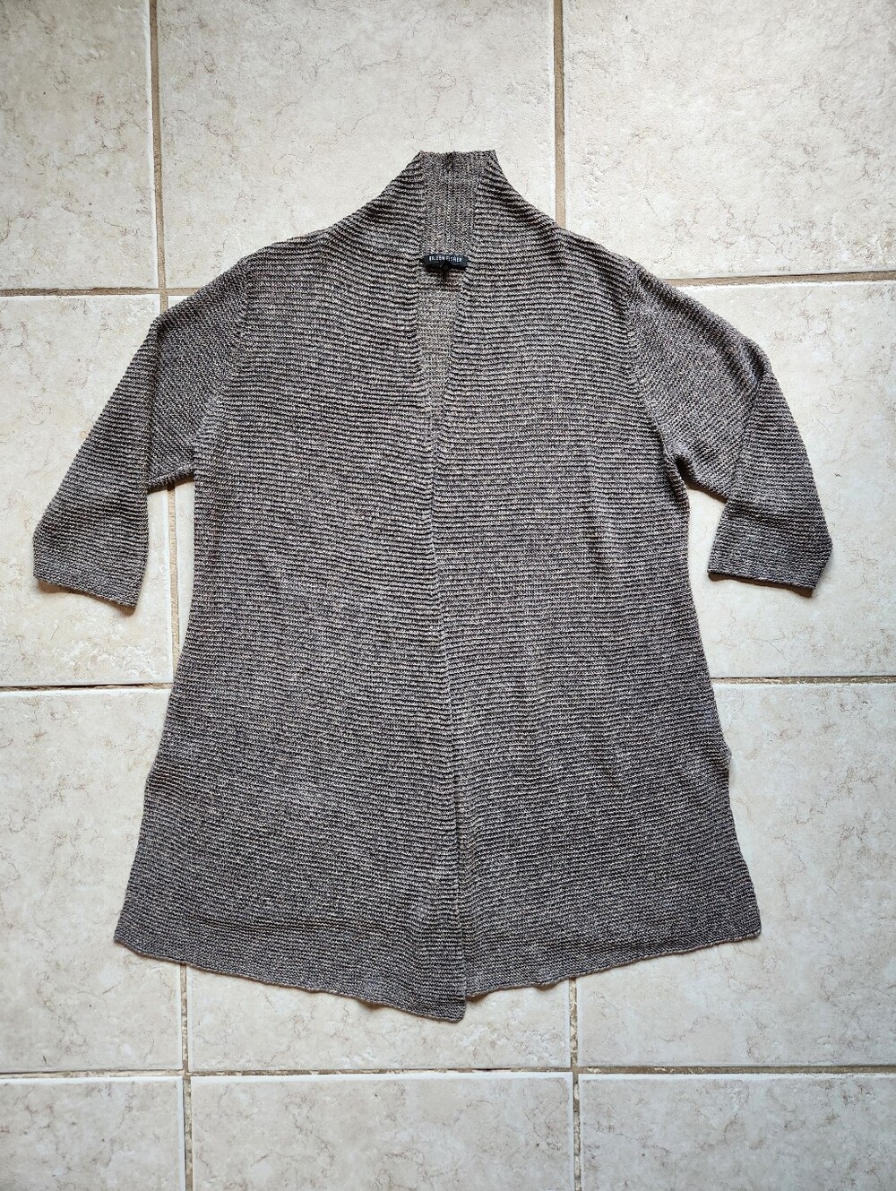 Eileen Fisher 100% Linen Open Front Cardigan XL Brown Gray Knit Duster